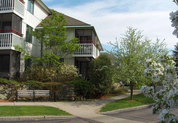 An external view of Orchard Cove with beautiful flowering plants lining a sidewalk.